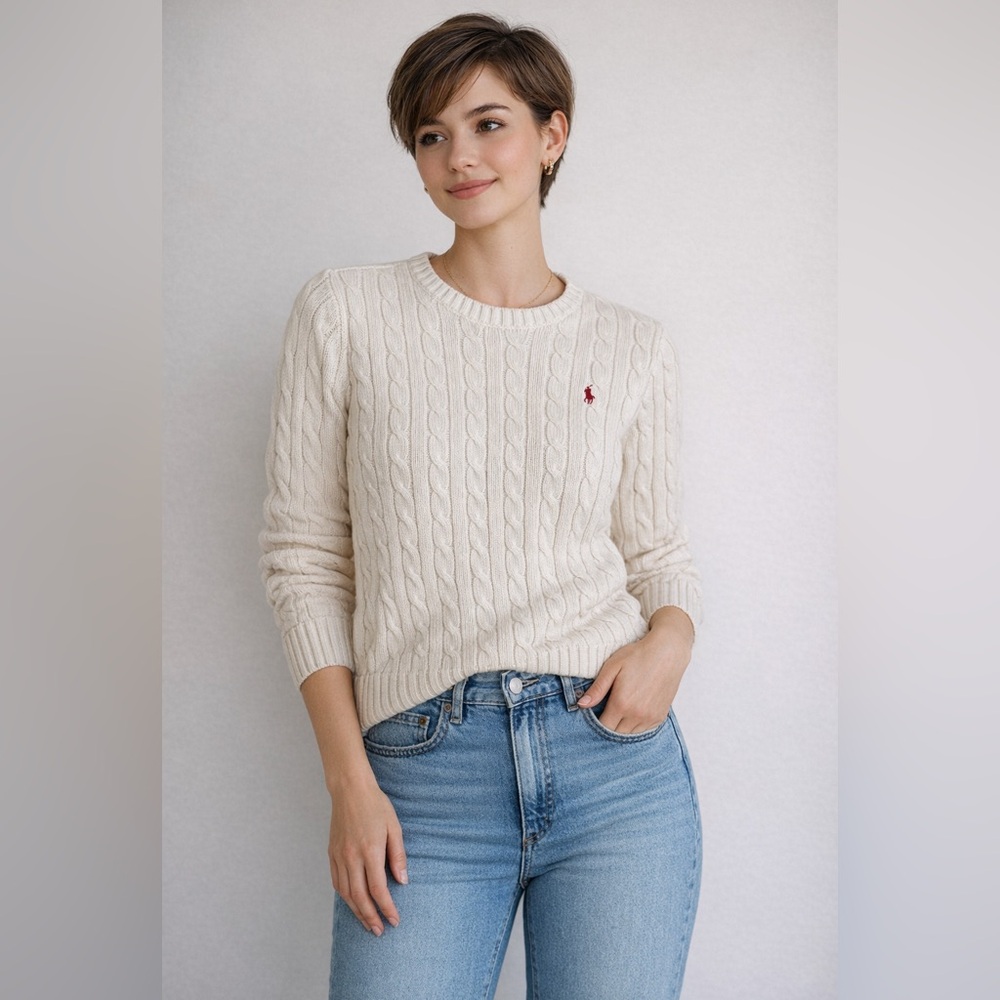 Ralph Lauren Cream Cable-Knit Crewneck Sweater with Red Polo Logo